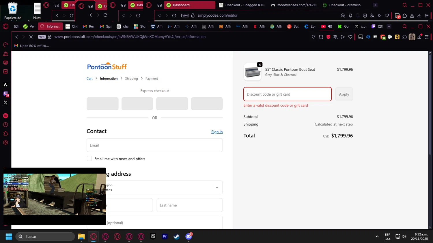 PontoonStuff discount code screenshot showing code GHETTO24 applied at PontoonStuff checkout page. Uploaded by SimplyCodes community member kurcovein on Nov 20, 2025