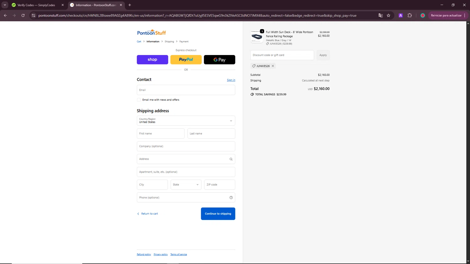 PontoonStuff checkout page showing PontoonStuff discount code box | Screenshot taken by SimplyCodes community member on Feb 3, 2026