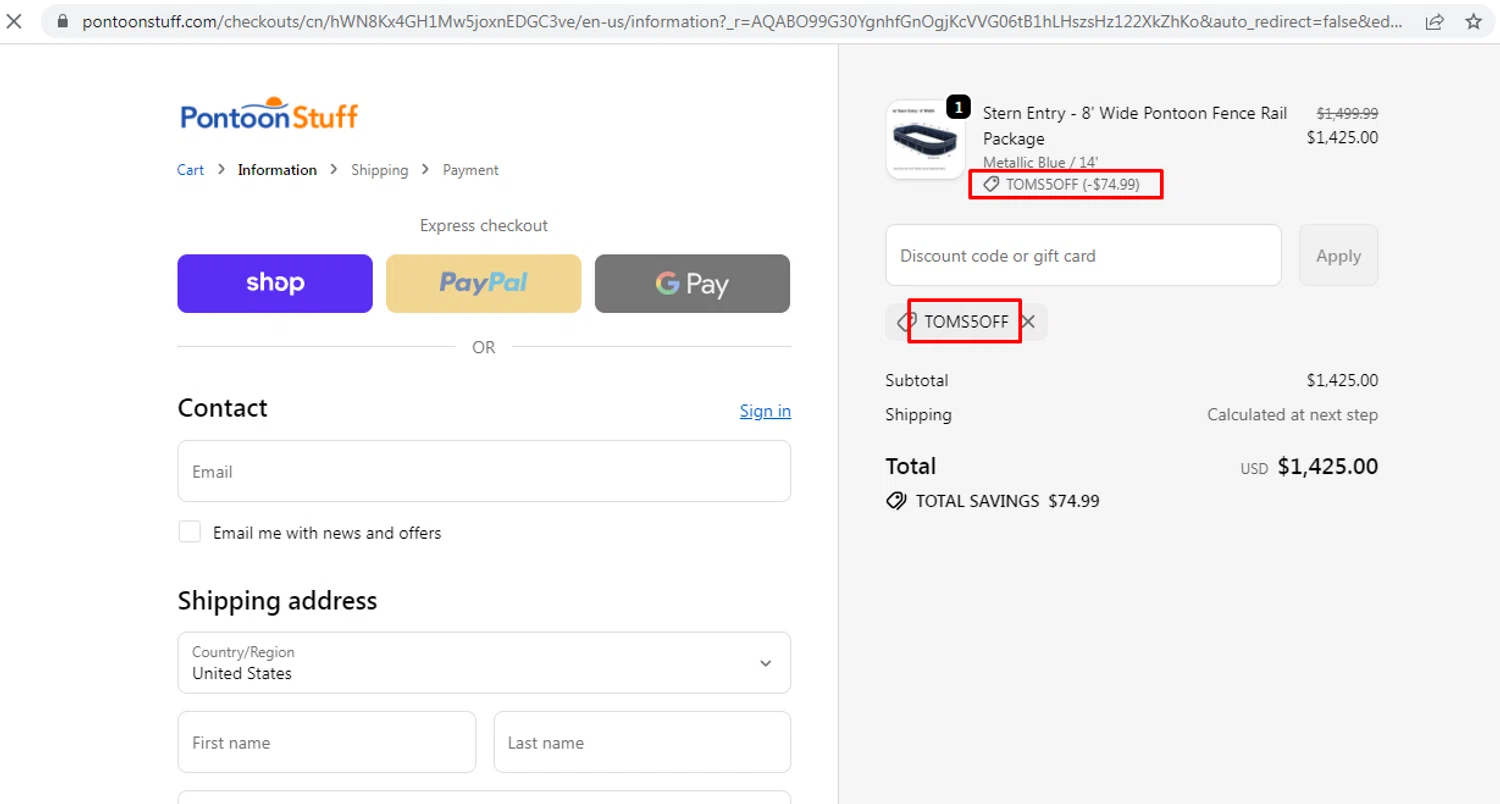 PontoonStuff discount code screenshot showing code TOMS5OFF applied at PontoonStuff checkout page. Uploaded by SimplyCodes community member nileskamarcano on Feb 2, 2026