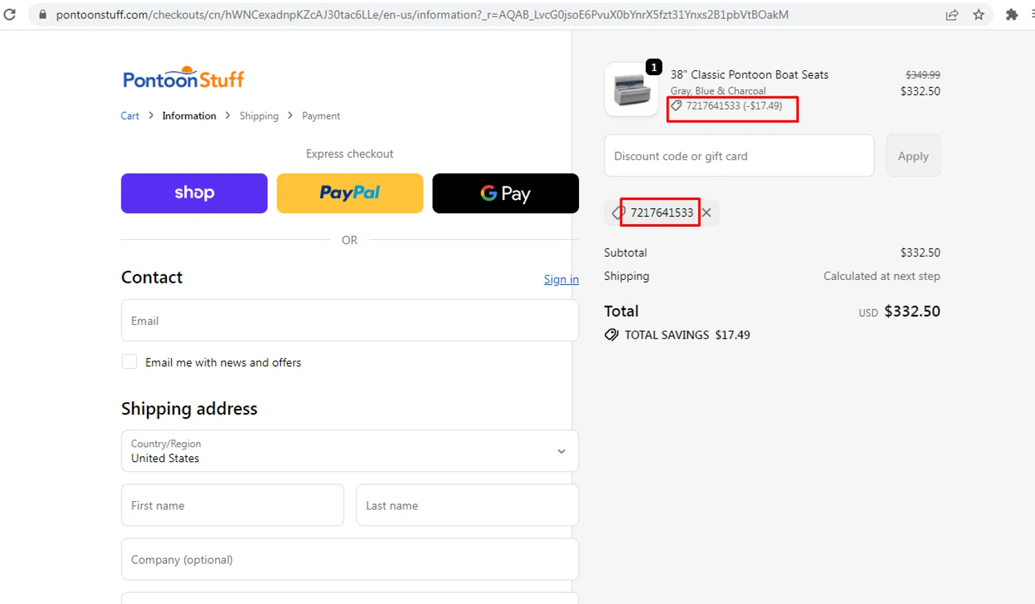 PontoonStuff promo code screenshot showing code 7217641533 applied at PontoonStuff checkout page. Uploaded by SimplyCodes community member nileskamarcano on May 27, 2026
