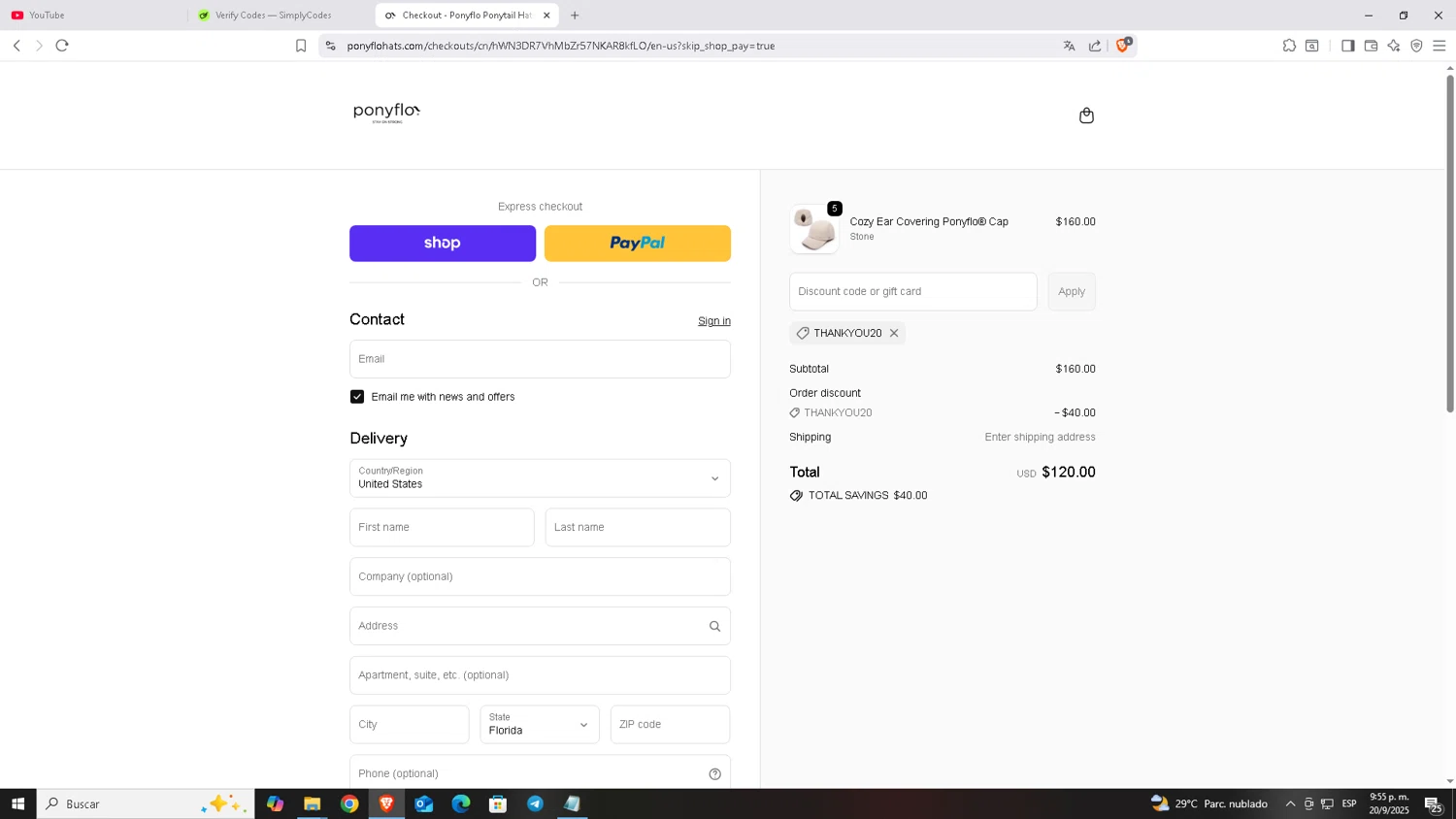 PonyFloHats promo code screenshot showing code THANKYOU20 applied at PonyFloHats checkout page. Uploaded by SimplyCodes community member Carloscoder_900457733 on Sep 21, 2025