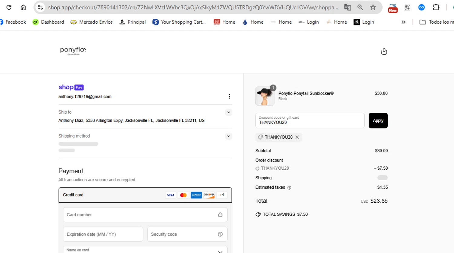 PonyFloHats promo code screenshot showing code THANKYOU20 applied at PonyFloHats checkout page. Uploaded by SimplyCodes community member anthonydiaz1 on Jun 18, 2025