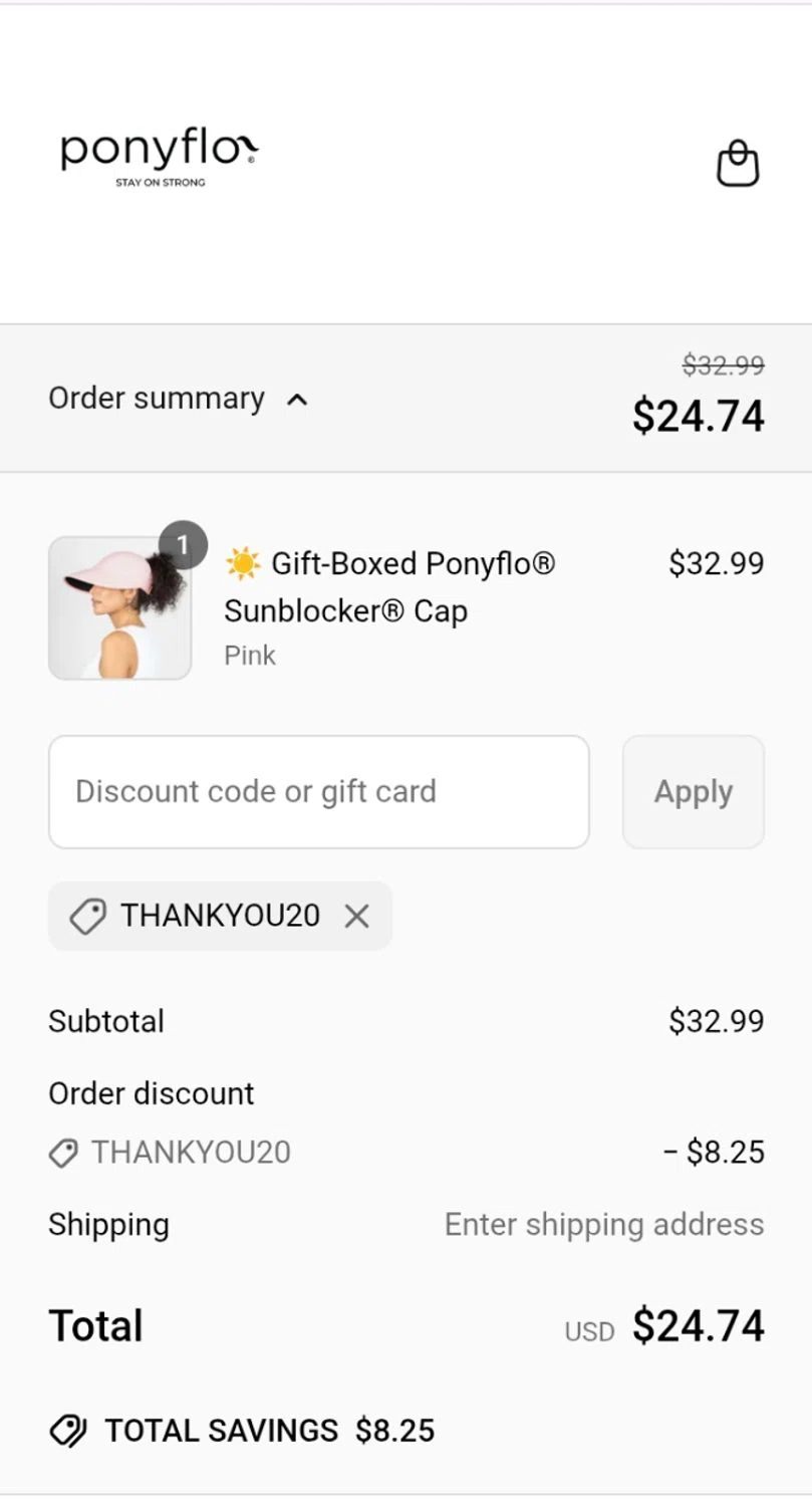 PonyFloHats promo code screenshot showing code THANKYOU20 applied at PonyFloHats checkout page. Uploaded by SimplyCodes community member carol_lameda on Jun 25, 2025