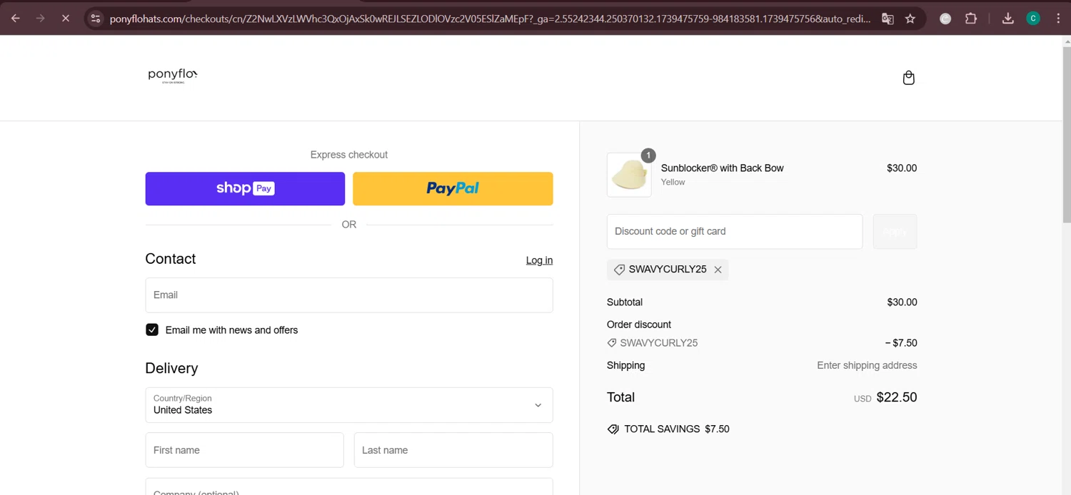 PonyFloHats promo code screenshot showing code swavycurly25 applied at PonyFloHats checkout page. Uploaded by SimplyCodes community member Negritoo on Feb 13, 2025