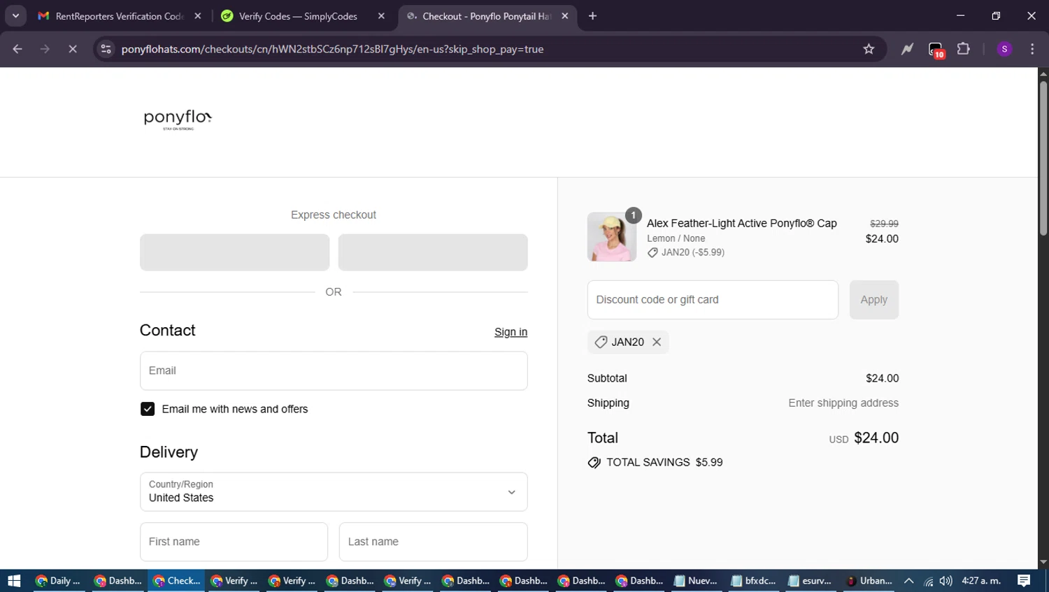 PonyFloHats promo code screenshot showing code JAN20 applied at PonyFloHats checkout page. Uploaded by SimplyCodes community member ShieldWarden7838 on Sep 12, 2025