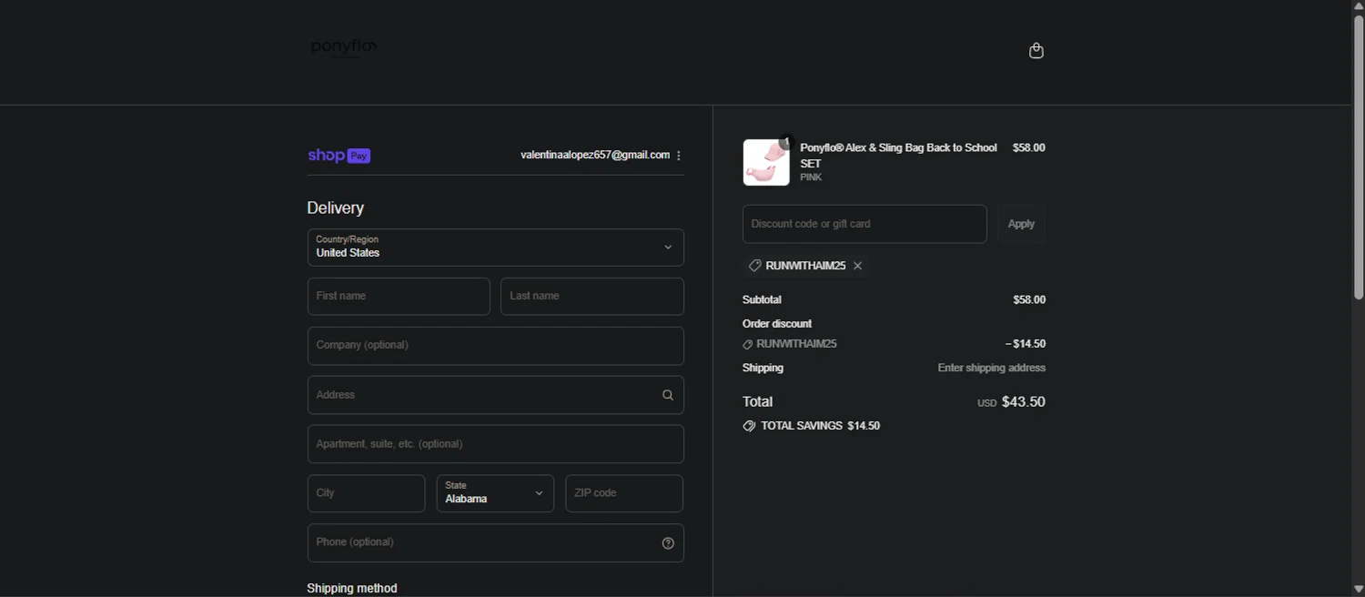 PonyFloHats promo code screenshot showing code runwithaim25 applied at PonyFloHats checkout page. Uploaded by SimplyCodes community member Nicoletorres on Aug 17, 2025
