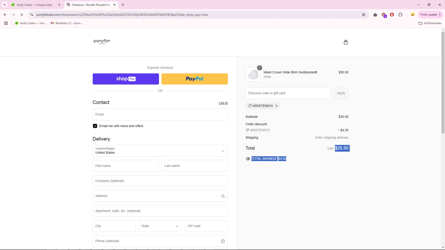 PonyFloHats promo code screenshot showing code Kristens15 applied at PonyFloHats checkout page. Uploaded by SimplyCodes community member RebateTiger7896 on Mar 2, 2025