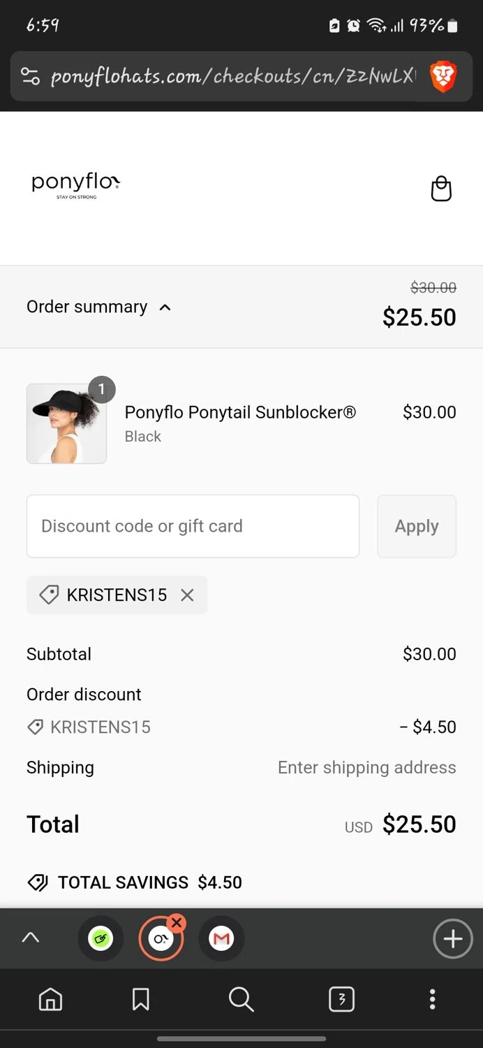 PonyFloHats promo code screenshot showing code Kristens15 applied at PonyFloHats checkout page. Uploaded by SimplyCodes community member GoldLynx7797 on Mar 2, 2025