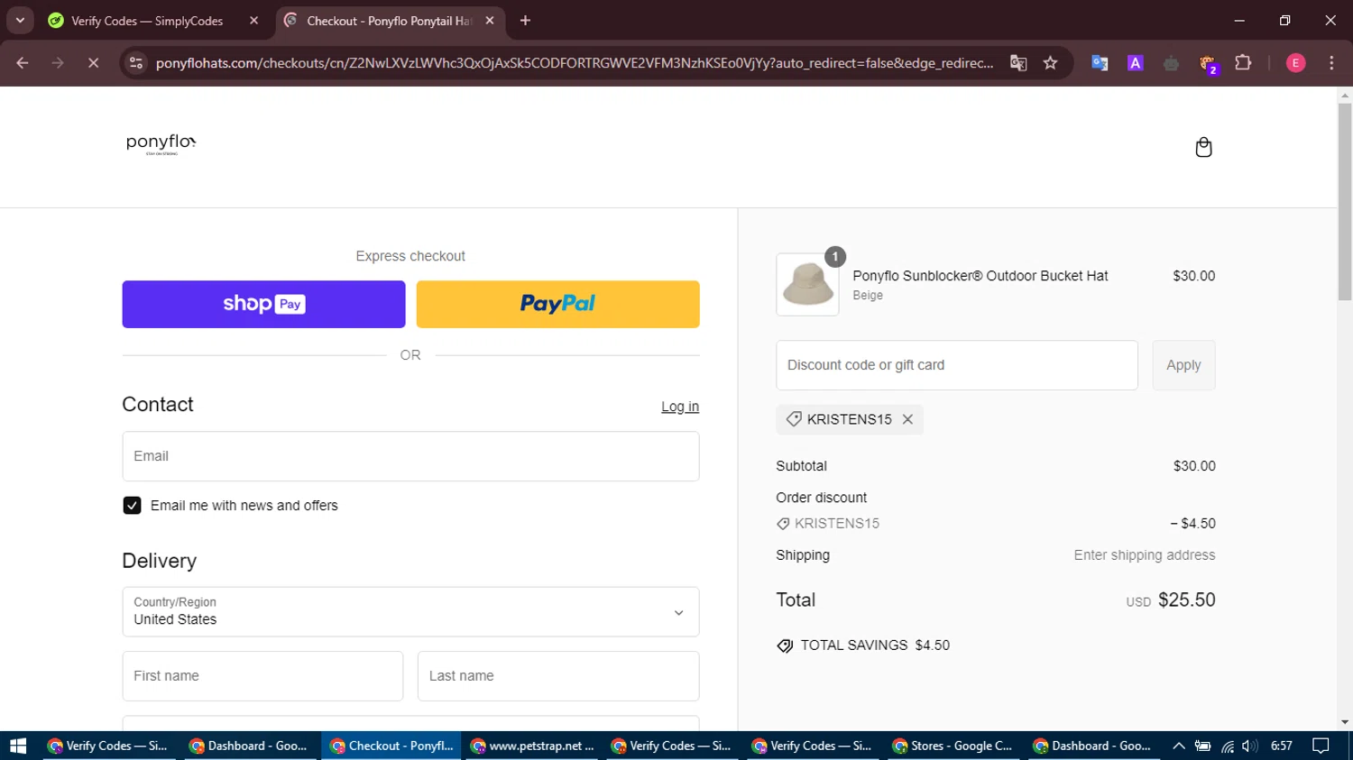 PonyFloHats promo code screenshot showing code Kristens15 applied at PonyFloHats checkout page. Uploaded by SimplyCodes community member MightyNavigator742 on Mar 2, 2025
