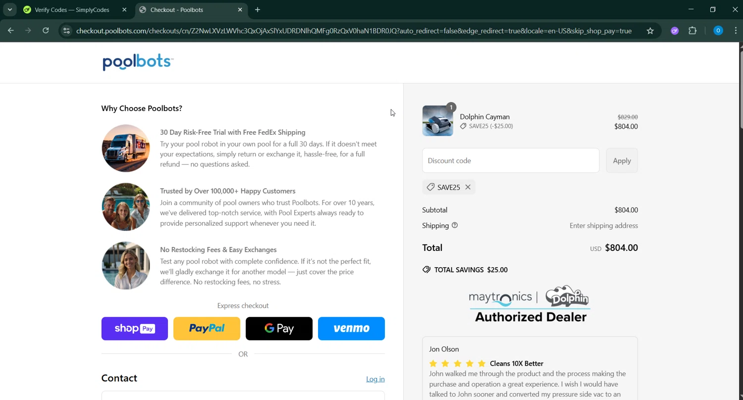 Poolbots discount code screenshot showing code SAVE25 applied at Poolbots checkout page. Uploaded by SimplyCodes community member RoyalSage9159 on May 12, 2025