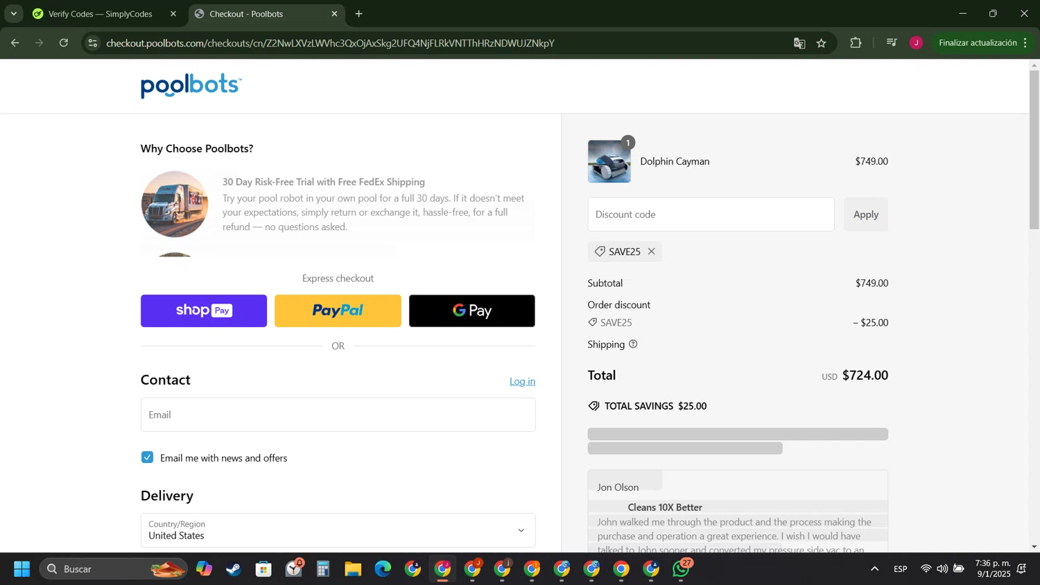 Poolbots discount code screenshot showing code SAVE25 applied at Poolbots checkout page. Uploaded by SimplyCodes community member FrugalFinder745 on Jan 9, 2025