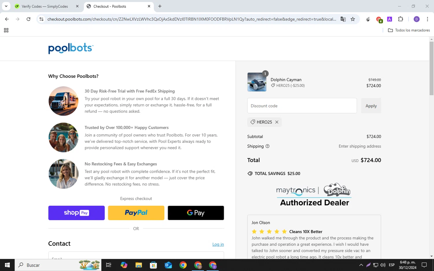Poolbots discount code screenshot showing code HERO25 applied at Poolbots checkout page. Uploaded by SimplyCodes community member SavingsSpotter2269 on Dec 30, 2024