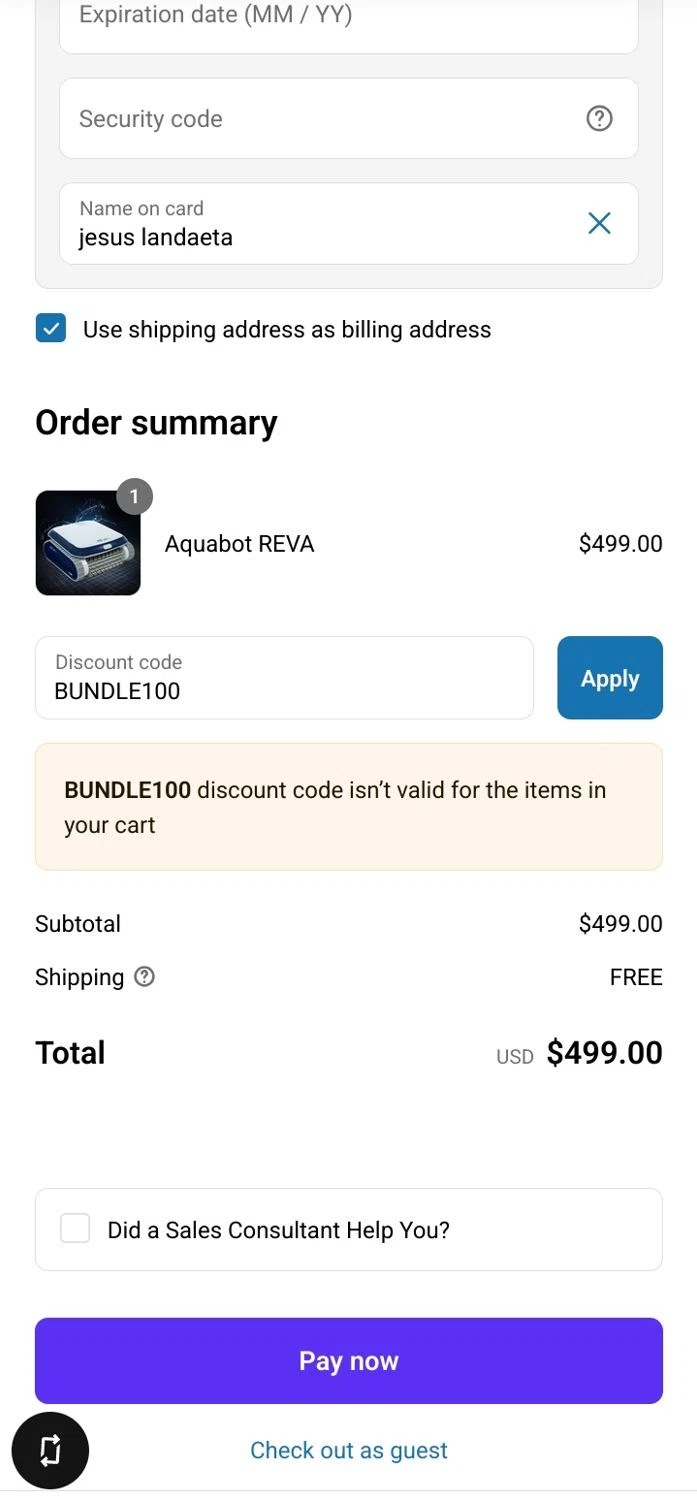 Poolbots discount code screenshot showing code BUNDLE100 applied at Poolbots checkout page. Uploaded by SimplyCodes community member JesusLand2004 on Jun 7, 2025