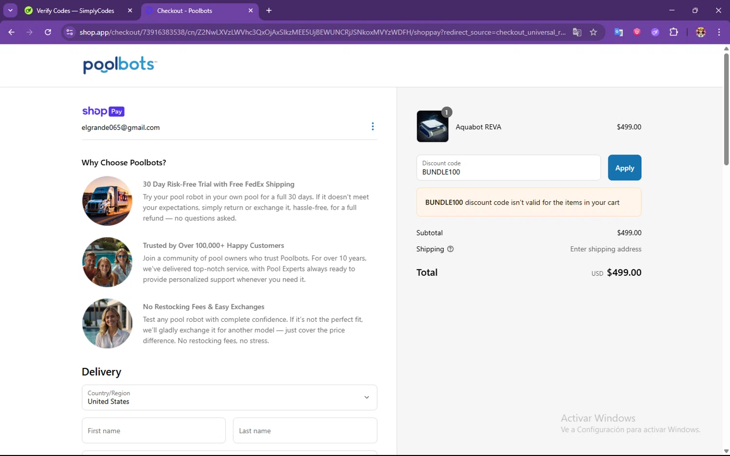 Poolbots discount code screenshot showing code BUNDLE100 applied at Poolbots checkout page. Uploaded by SimplyCodes community member PrimeSeeker905 on Jun 19, 2025