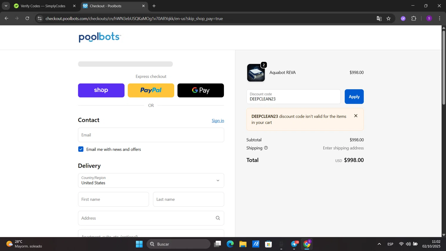 Poolbots checkout page showing Poolbots discount code box | Screenshot taken by SimplyCodes community member on Oct 2, 2025