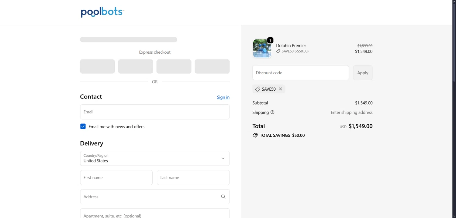 Poolbots discount code screenshot showing code save50 applied at Poolbots checkout page. Uploaded by SimplyCodes community member Dorothy on Sep 27, 2025
