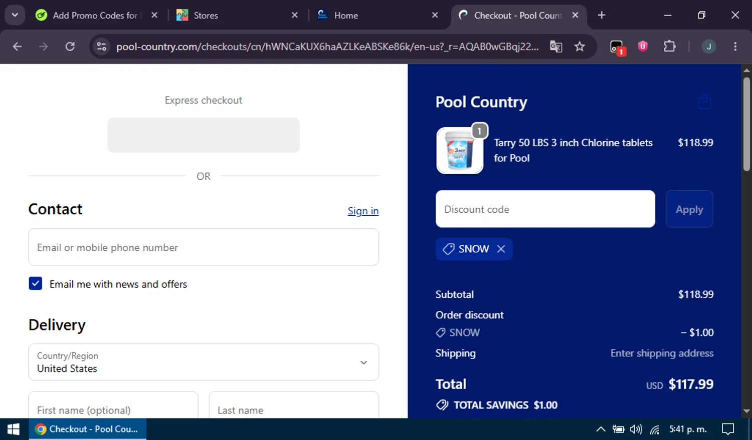 Pool Country promo code screenshot showing code SNOW applied at Pool Country checkout page. Uploaded by SimplyCodes community member PennyShopper9316 on May 25, 2026