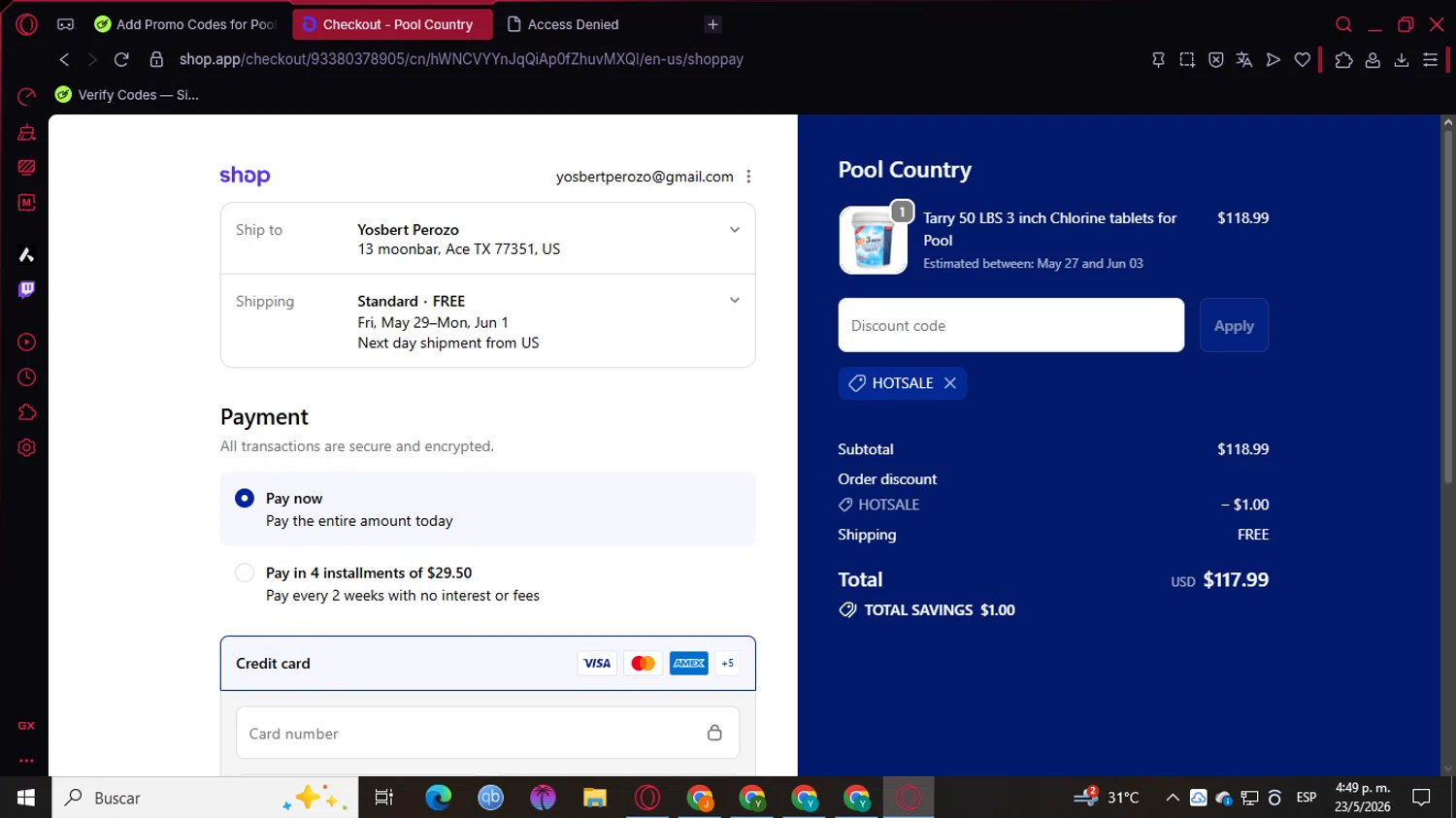 Pool Country promo code screenshot showing code HOTSALE applied at Pool Country checkout page. Uploaded by SimplyCodes community member Raulsuarez100 on May 23, 2026