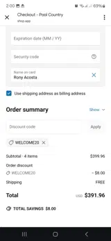 Welcome20 coupon verification screenshot