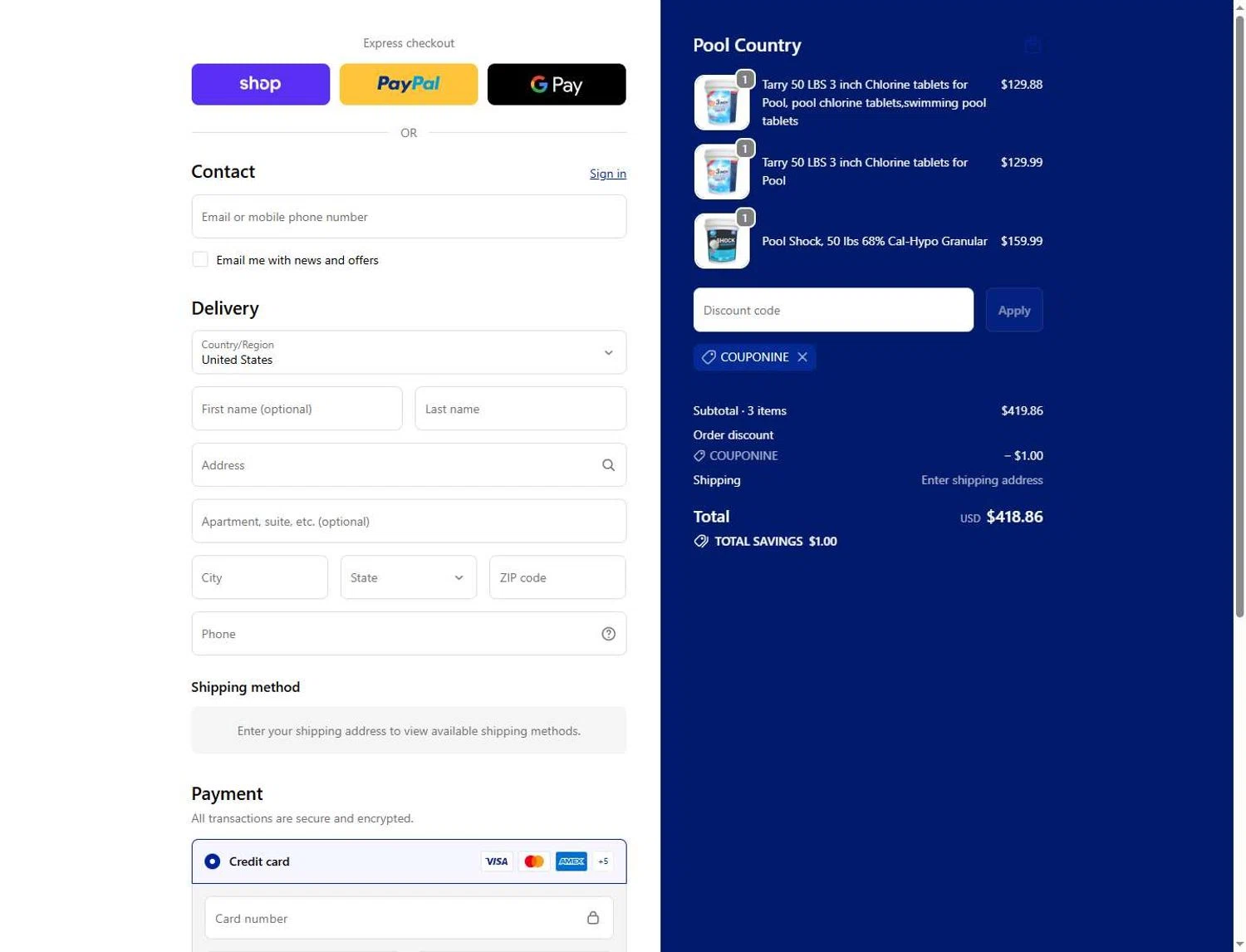 Pool Country promo code screenshot showing code COUPONINE applied at Pool Country checkout page. Uploaded by SimplyCodes community member Andaspendientedeunovale on May 31, 2026