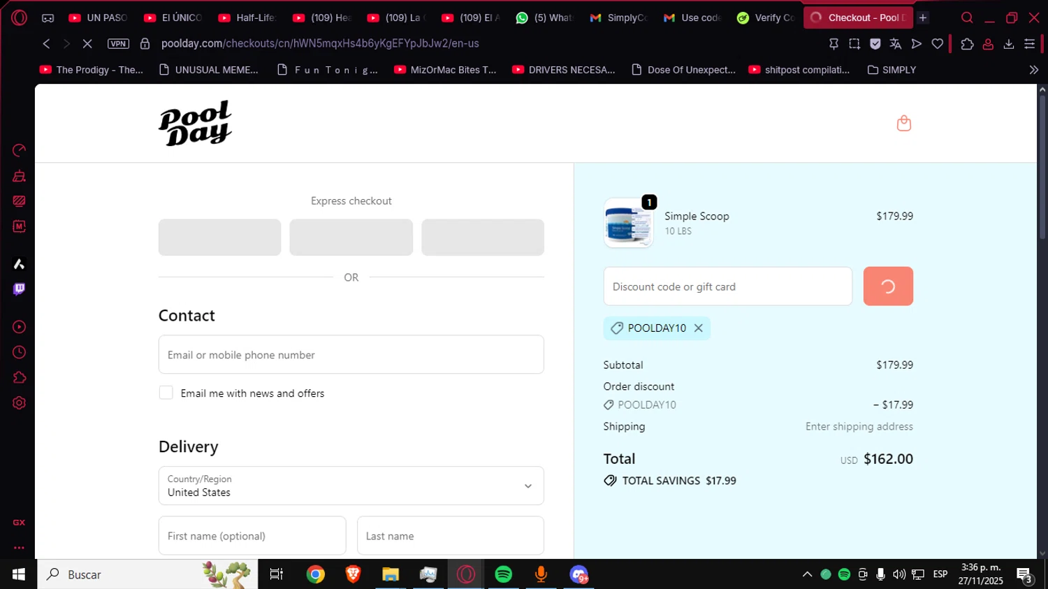 Pool Day discount code screenshot showing code POOLDAY10 applied at Pool Day checkout page. Uploaded by SimplyCodes community member Anteserachido on Nov 27, 2025