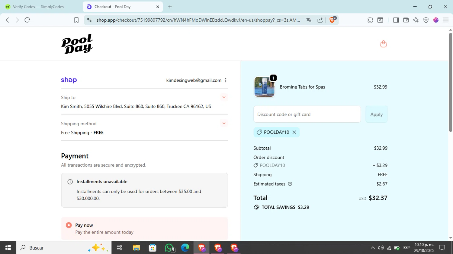 Pool Day discount code screenshot showing code POOLDAY10 applied at Pool Day checkout page. Uploaded by SimplyCodes community member Kim_michi on Oct 30, 2025