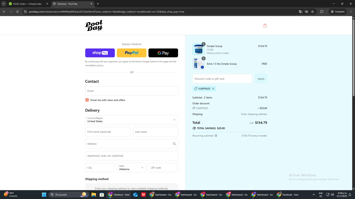 Pool Day discount code screenshot showing code JUMPIN20 applied at Pool Day checkout page. Uploaded by SimplyCodes community member AVAMUSTANG on Jul 22, 2025