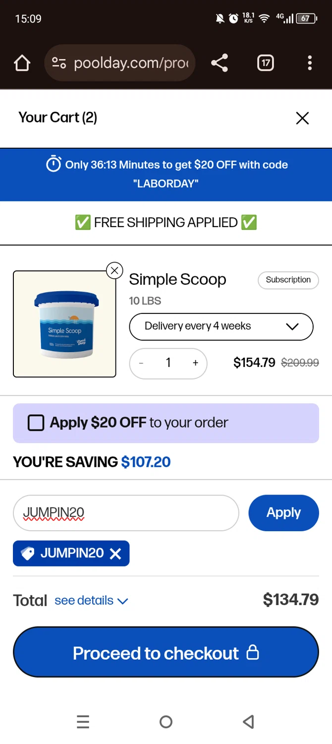 Pool Day discount code screenshot showing code JUMPIN20 applied at Pool Day checkout page. Uploaded by SimplyCodes community member Olivatle on Sep 10, 2025