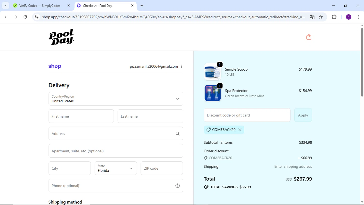 Pool Day discount code screenshot showing code COMEBACK20 applied at Pool Day checkout page. Uploaded by SimplyCodes community member AVAMUSTANG on Sep 19, 2025