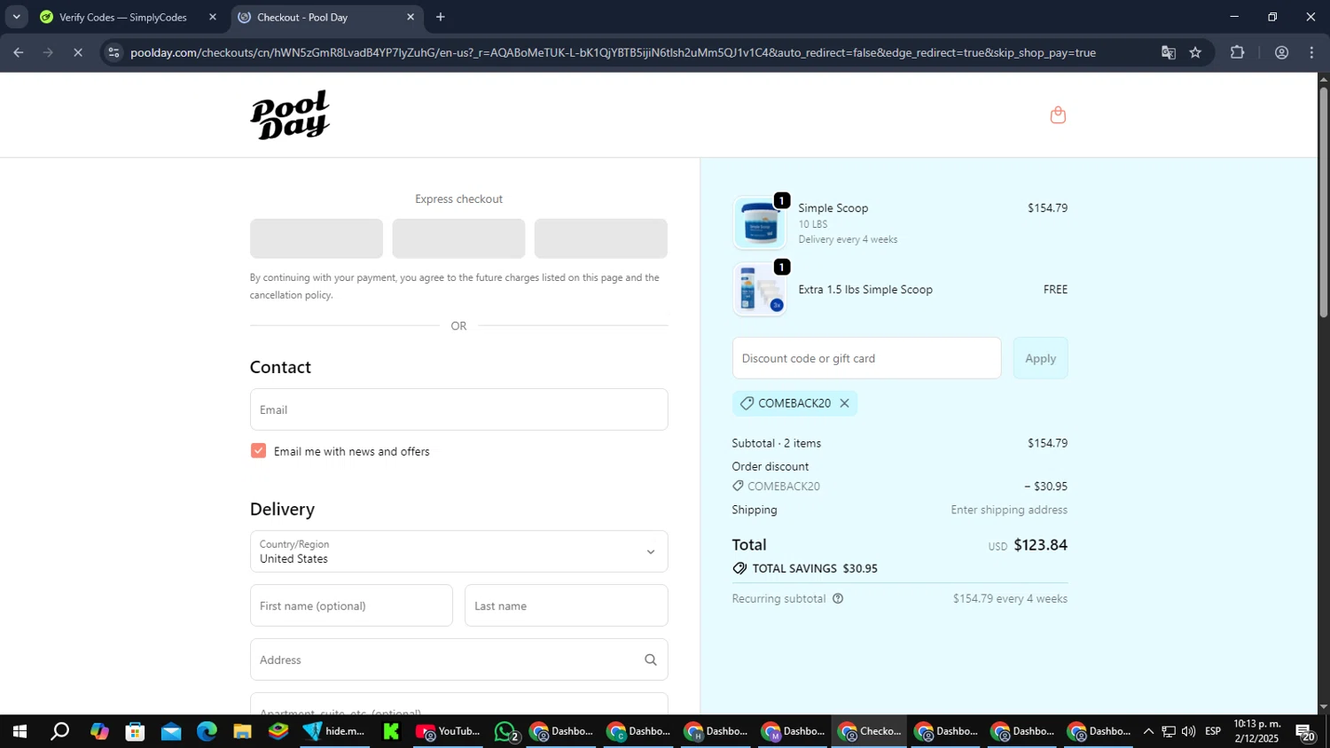Pool Day discount code screenshot showing code COMEBACK20 applied at Pool Day checkout page. Uploaded by SimplyCodes community member SmartMaverick5327 on Dec 3, 2025