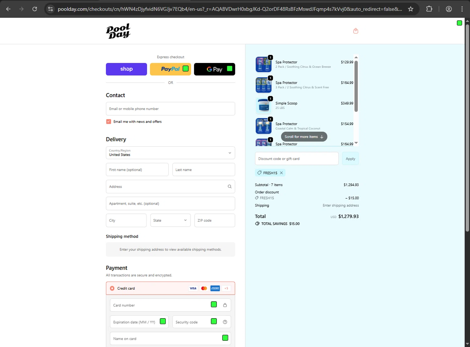 Pool Day discount code screenshot showing code FRESH15 applied at Pool Day checkout page. Uploaded by SimplyCodes community member Niideamrk on Nov 6, 2025