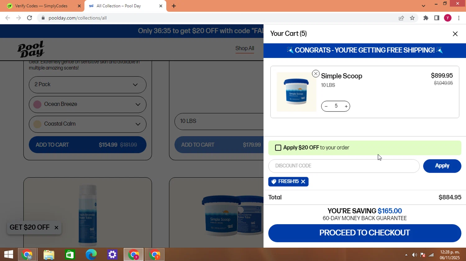 Pool Day discount code screenshot showing code FRESH15 applied at Pool Day checkout page. Uploaded by SimplyCodes community member ThriftyWizard1508 on Nov 6, 2025