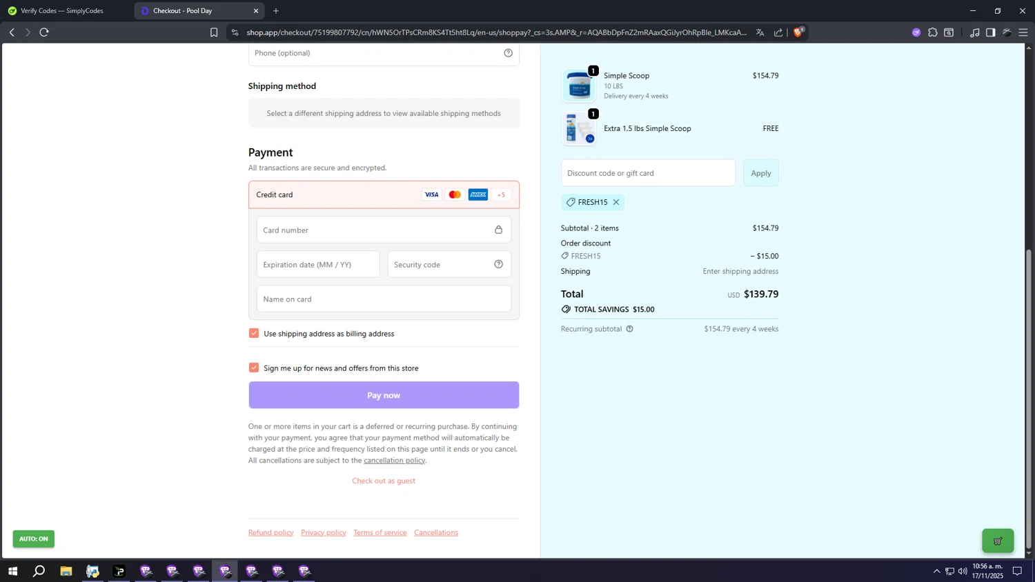Pool Day discount code screenshot showing code FRESH15 applied at Pool Day checkout page. Uploaded by SimplyCodes community member gggggggggggggggggggggg on Nov 17, 2025