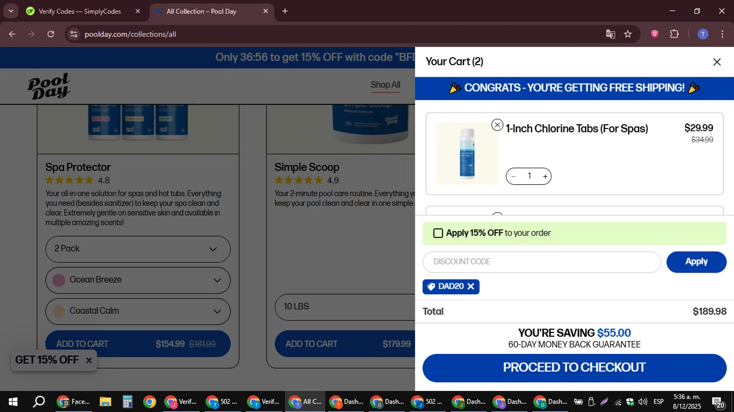 Pool Day discount code screenshot showing code DAD20 applied at Pool Day checkout page. Uploaded by SimplyCodes community member snidertom8 on Dec 8, 2025