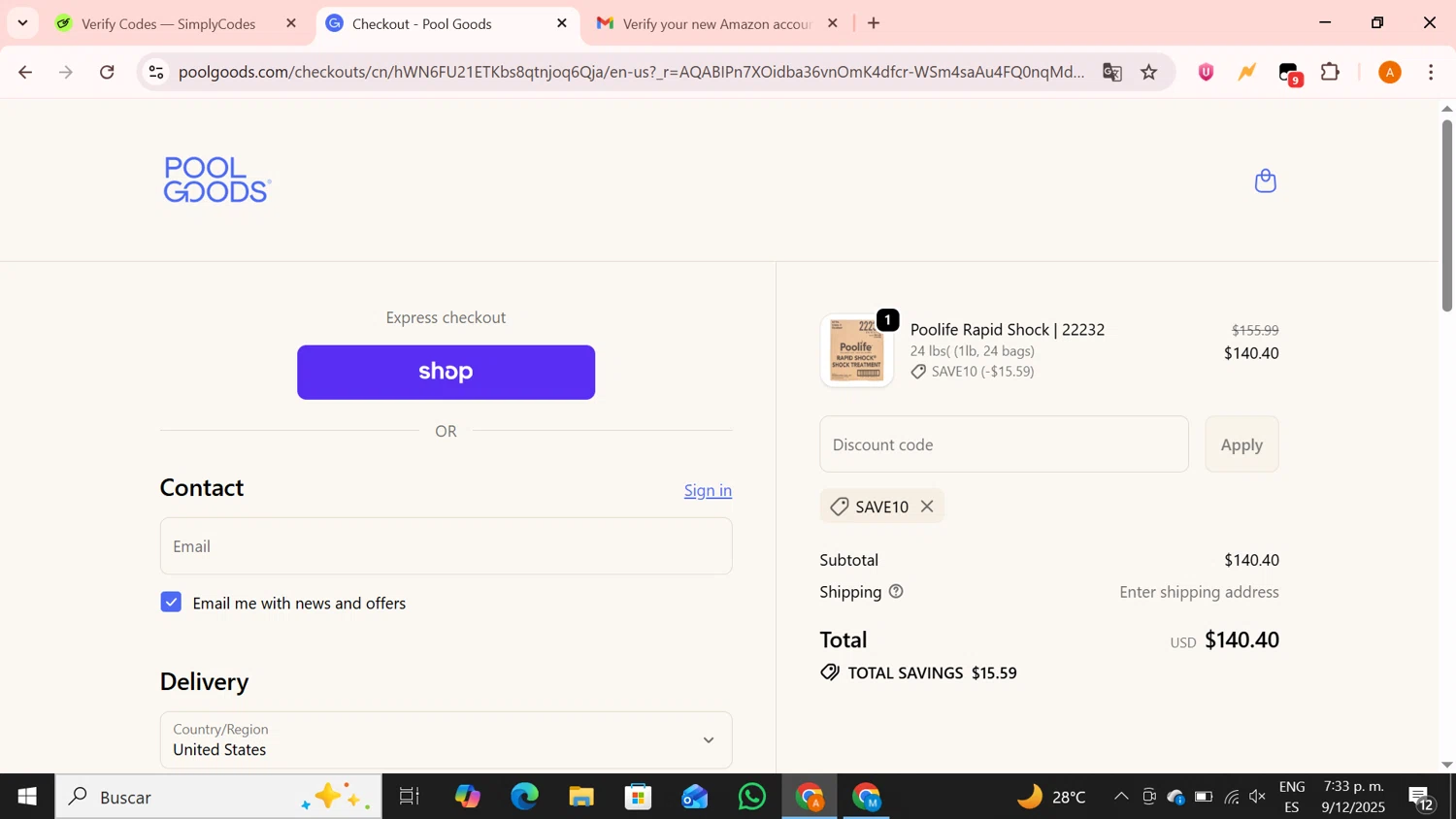 Pool Goods discount code screenshot showing code SAVE10 applied at Pool Goods checkout page. Uploaded by SimplyCodes community member BrilliantPro4121 on Dec 9, 2025