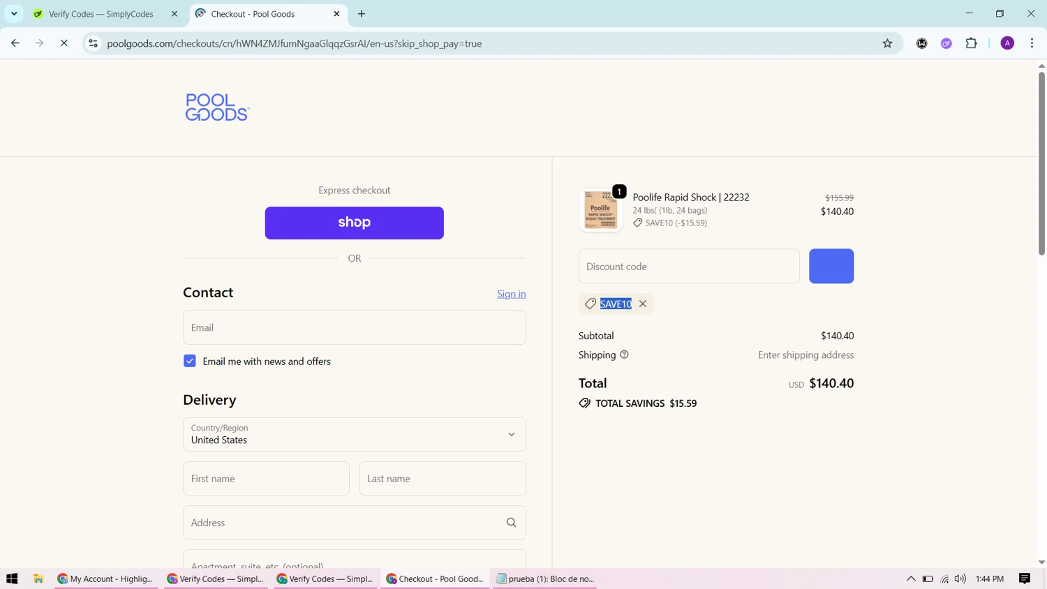 Pool Goods discount code screenshot showing code SAVE10 applied at Pool Goods checkout page. Uploaded by SimplyCodes community member CashChaser7272 on Oct 26, 2025