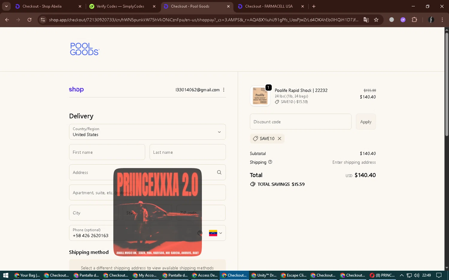 Pool Goods discount code screenshot showing code SAVE10 applied at Pool Goods checkout page. Uploaded by SimplyCodes community member alexdaal on Nov 29, 2025