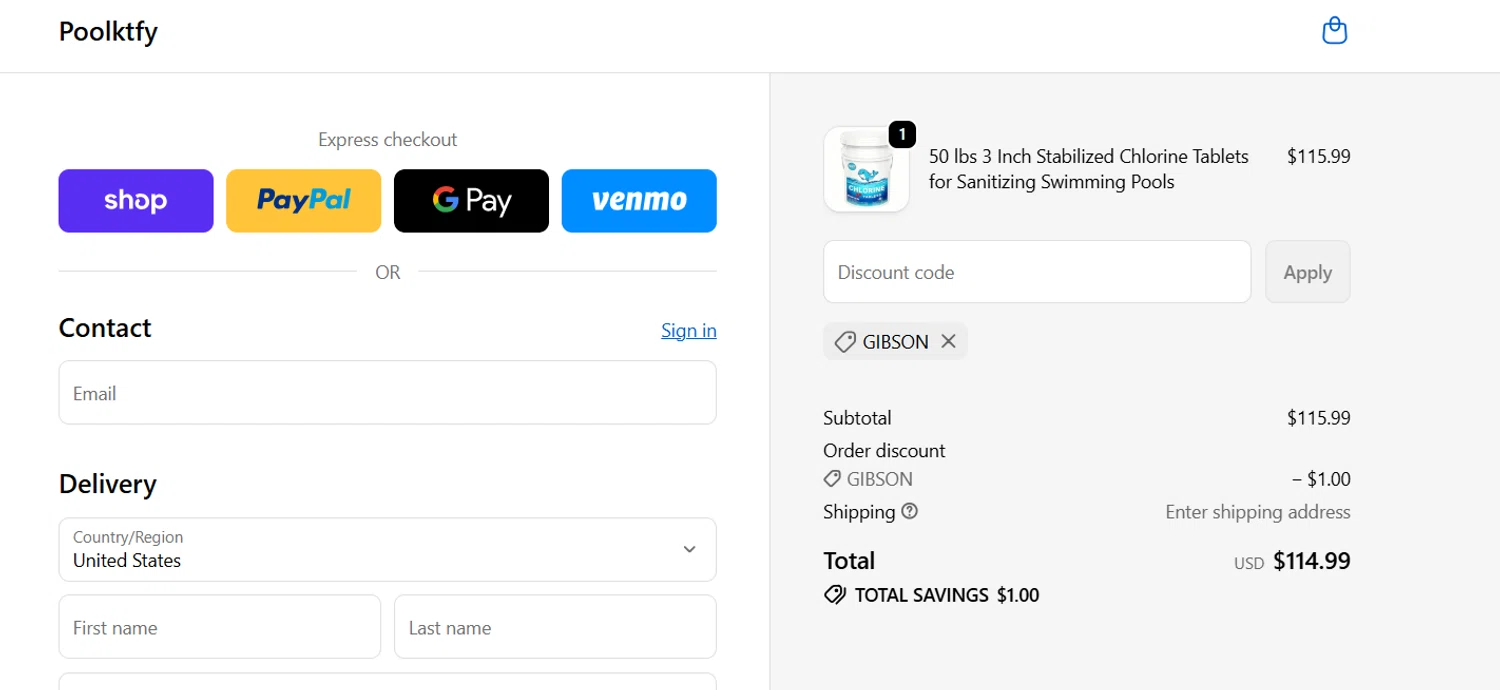 Poolktfy Chlorine Tablets promo code screenshot showing code GIBSON applied at Poolktfy Chlorine Tablets checkout page. Uploaded by SimplyCodes community member SHELL12 on Jun 23, 2026