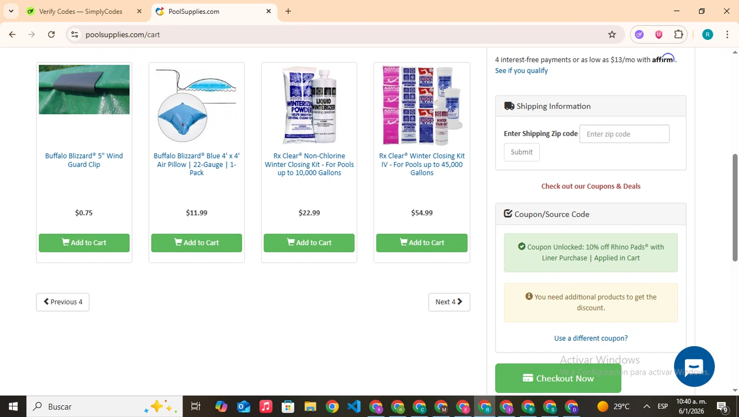 PoolSupplies checkout page showing PoolSupplies coupon code box | Screenshot taken by SimplyCodes community member on Jan 6, 2026