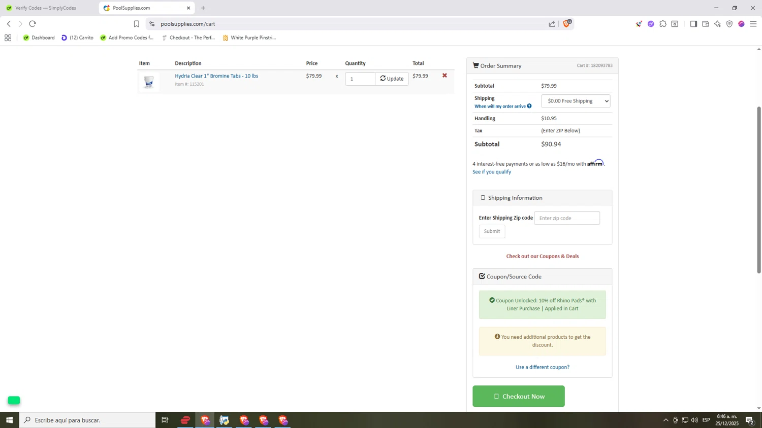 PoolSupplies checkout page showing PoolSupplies coupon code box | Screenshot taken by SimplyCodes community member on Dec 25, 2025