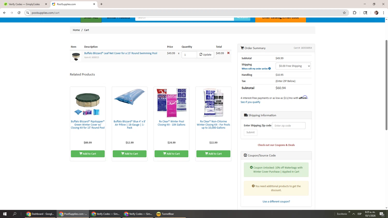 PoolSupplies checkout page showing PoolSupplies coupon code box | Screenshot taken by SimplyCodes community member on Jan 10, 2026