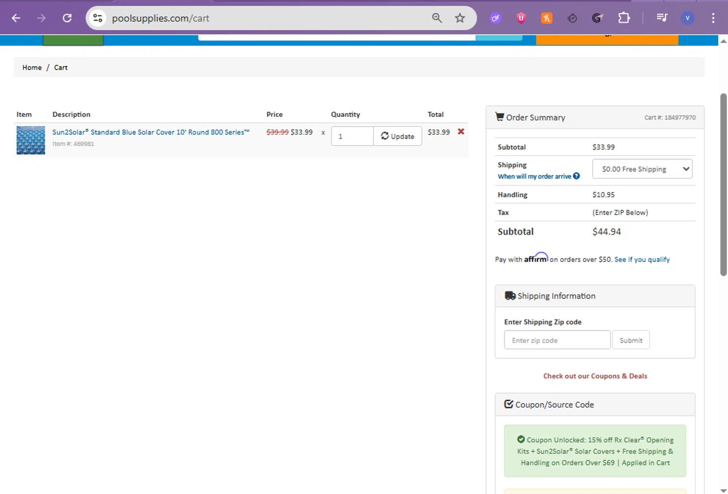 PoolSupplies coupon code screenshot showing code E26YJAFL applied at PoolSupplies checkout page. Uploaded by SimplyCodes community member beatrizcastillo on Jan 24, 2026