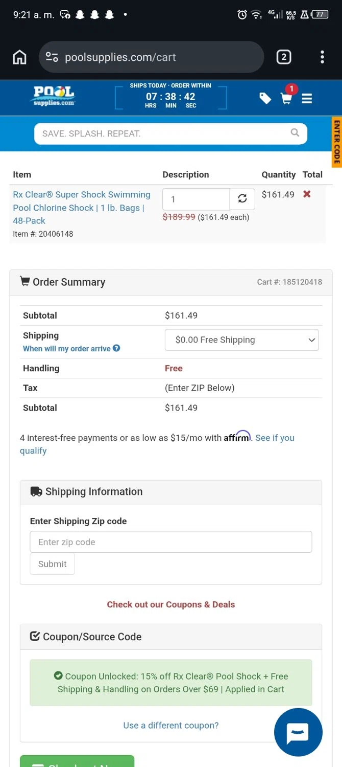 PoolSupplies checkout page showing PoolSupplies coupon code box | Screenshot taken by SimplyCodes community member on Jan 26, 2026