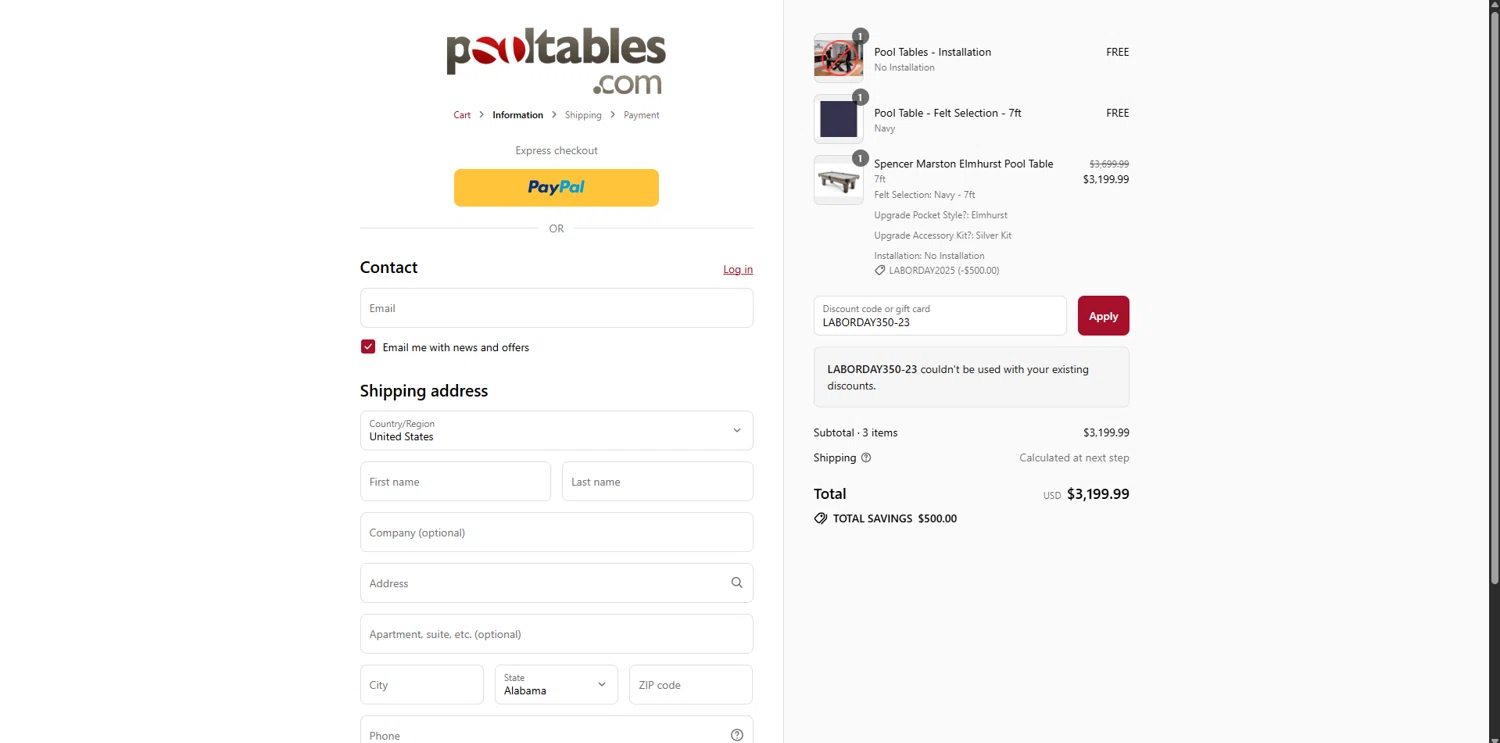 PoolTables.com promo code screenshot showing code LABORDAY350-23 applied at PoolTables.com checkout page. Uploaded by SimplyCodes community member SavvyLynx6076 on Aug 31, 2025