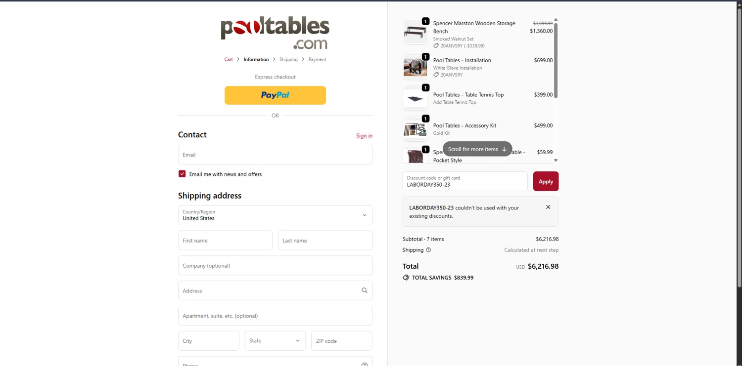 PoolTables.com promo code screenshot showing code LABORDAY350-23 applied at PoolTables.com checkout page. Uploaded by SimplyCodes community member ScanSpotter1700 on Nov 30, 2025