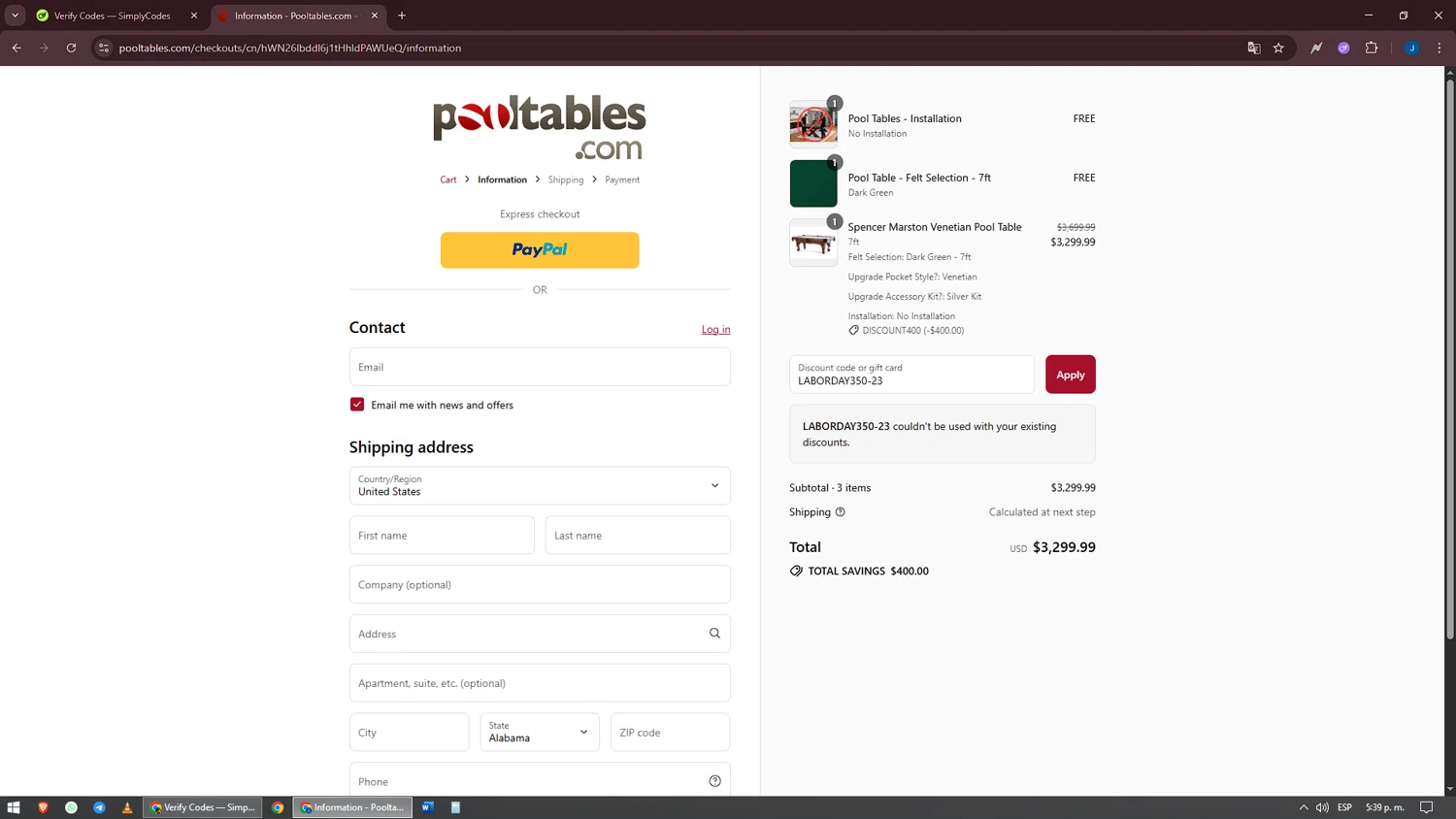 PoolTables.com promo code screenshot showing code LABORDAY350-23 applied at PoolTables.com checkout page. Uploaded by SimplyCodes community member oscarbeaujon on Aug 22, 2025