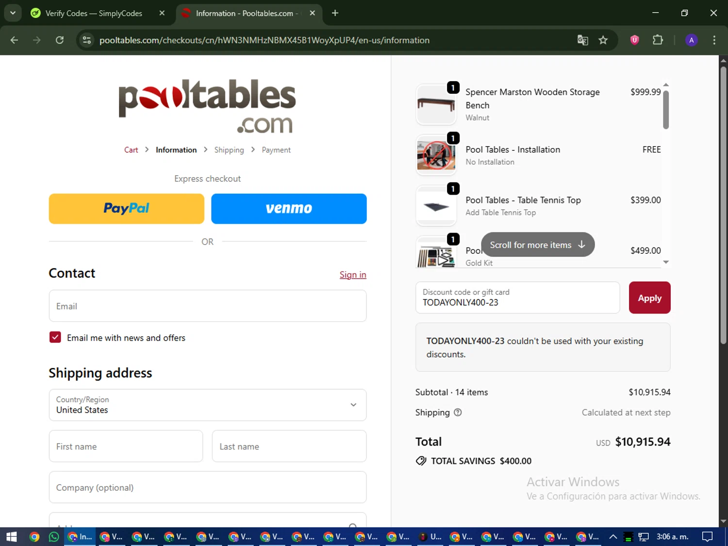 PoolTables.com promo code screenshot showing code TODAYONLY400-23 applied at PoolTables.com checkout page. Uploaded by SimplyCodes community member MagnificentWarden4603 on Sep 25, 2025