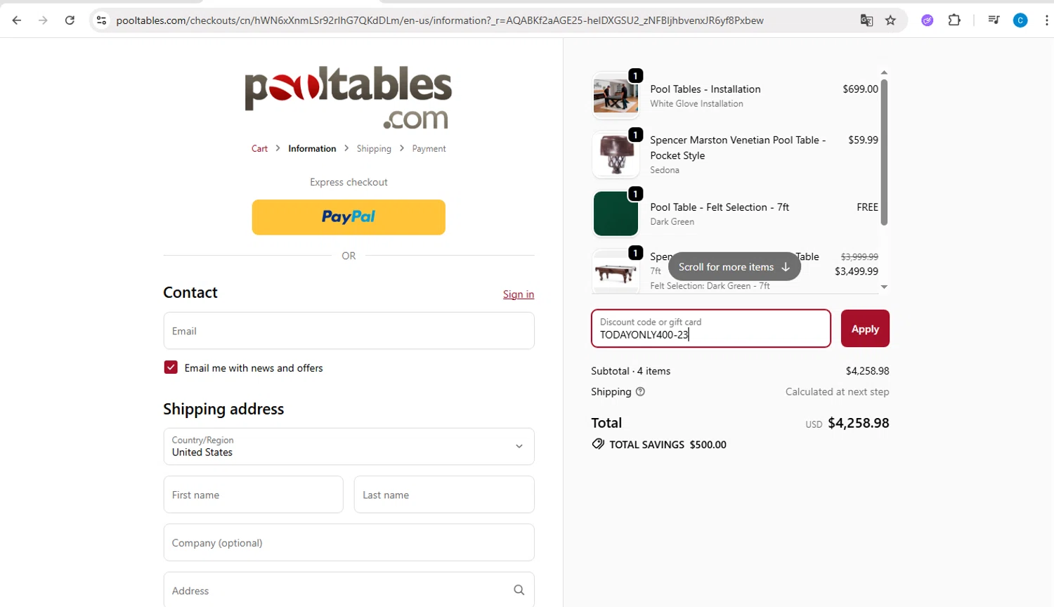 PoolTables.com promo code screenshot showing code TODAYONLY400-23 applied at PoolTables.com checkout page. Uploaded by SimplyCodes community member PromoBoss9319 on Dec 28, 2025