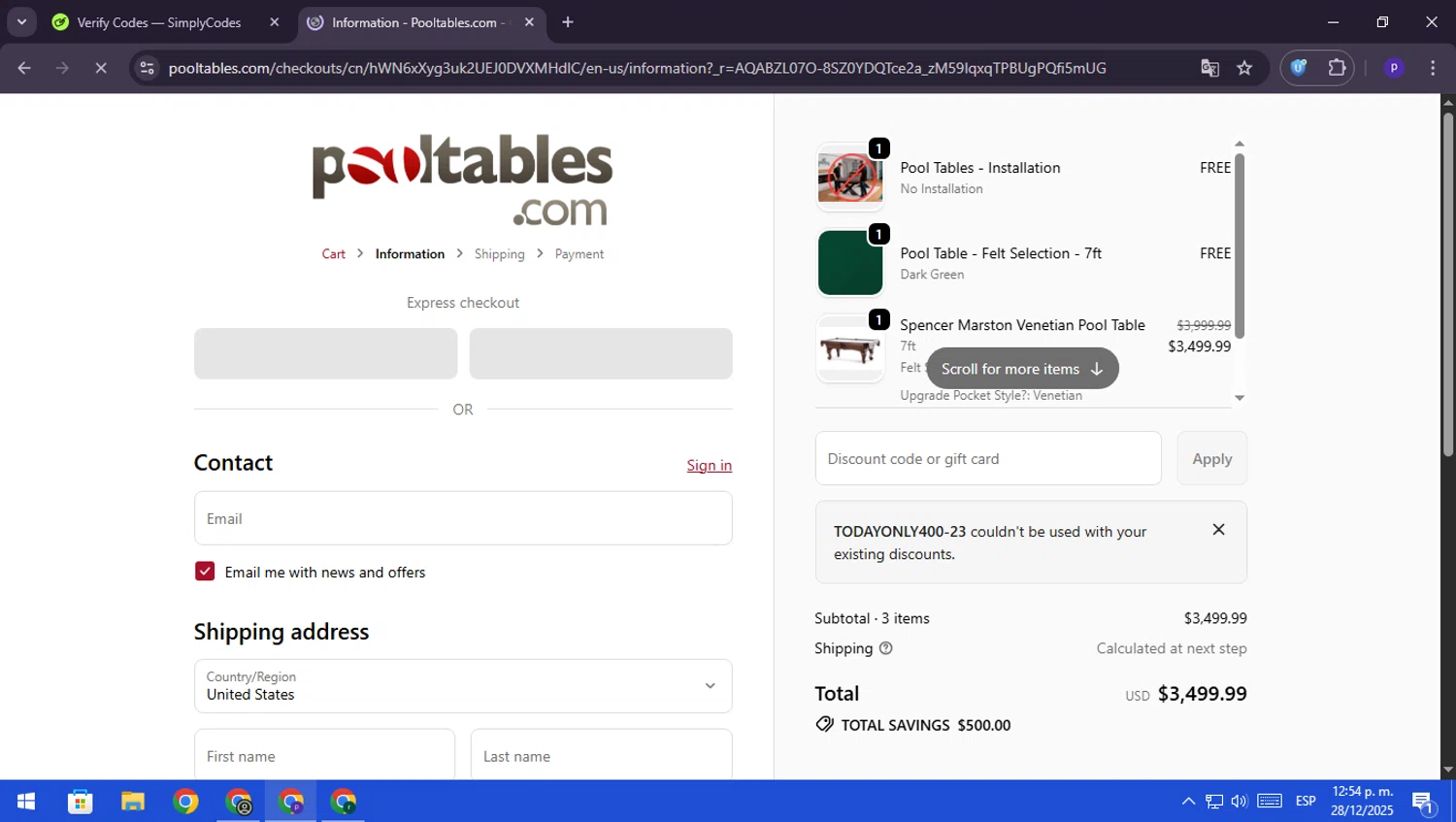 PoolTables.com promo code screenshot showing code TODAYONLY400-23 applied at PoolTables.com checkout page. Uploaded by SimplyCodes community member RebateScout6612 on Dec 28, 2025