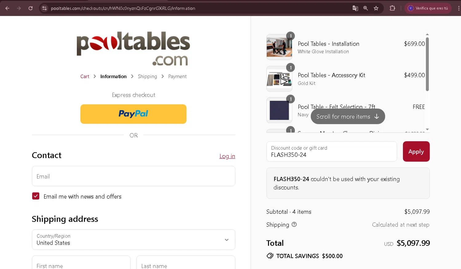 PoolTables.com promo code screenshot showing code FLASH350-24 applied at PoolTables.com checkout page. Uploaded by SimplyCodes community member Yabriel007 on Jul 14, 2025
